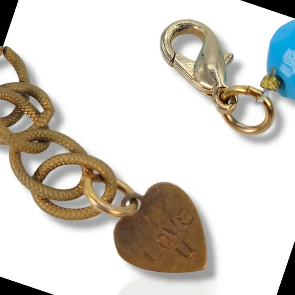 Artisan Keyhole Necklace  Opaque Glass Turquoise Beads Brass I Love U Ch… - Picture 5 of 11